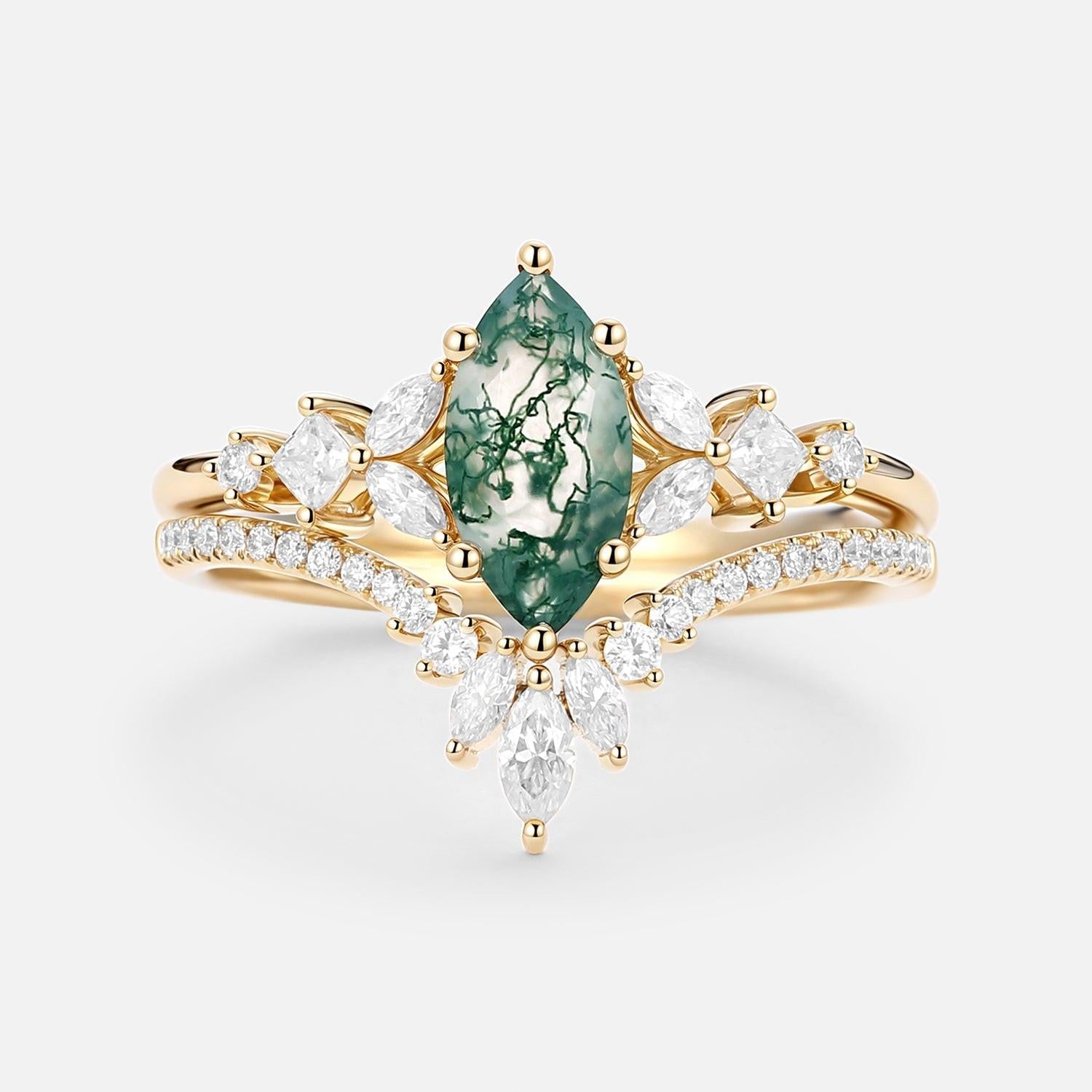 Lumen Glade | Marquise Moss Agate Cluster Engagement Set 2pcs.