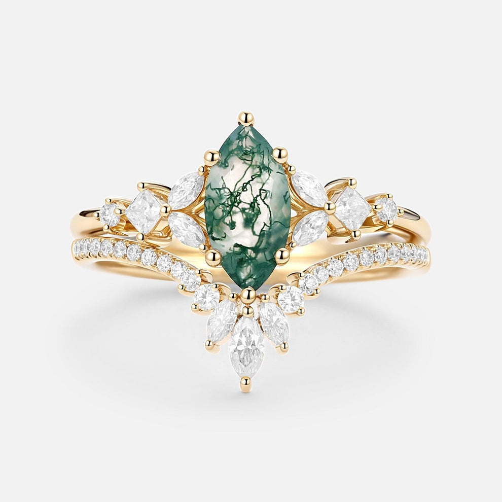 Lumen Glade | Marquise Moss Agate Cluster Engagement Set 2pcs.