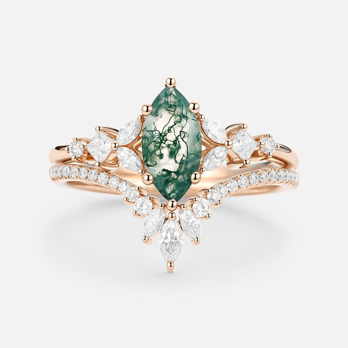 Lumen Glade | Marquise Moss Agate Cluster Engagement Set 2pcs.