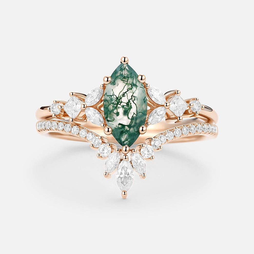 Lumen Glade | Marquise Moss Agate Cluster Engagement Set 2pcs.