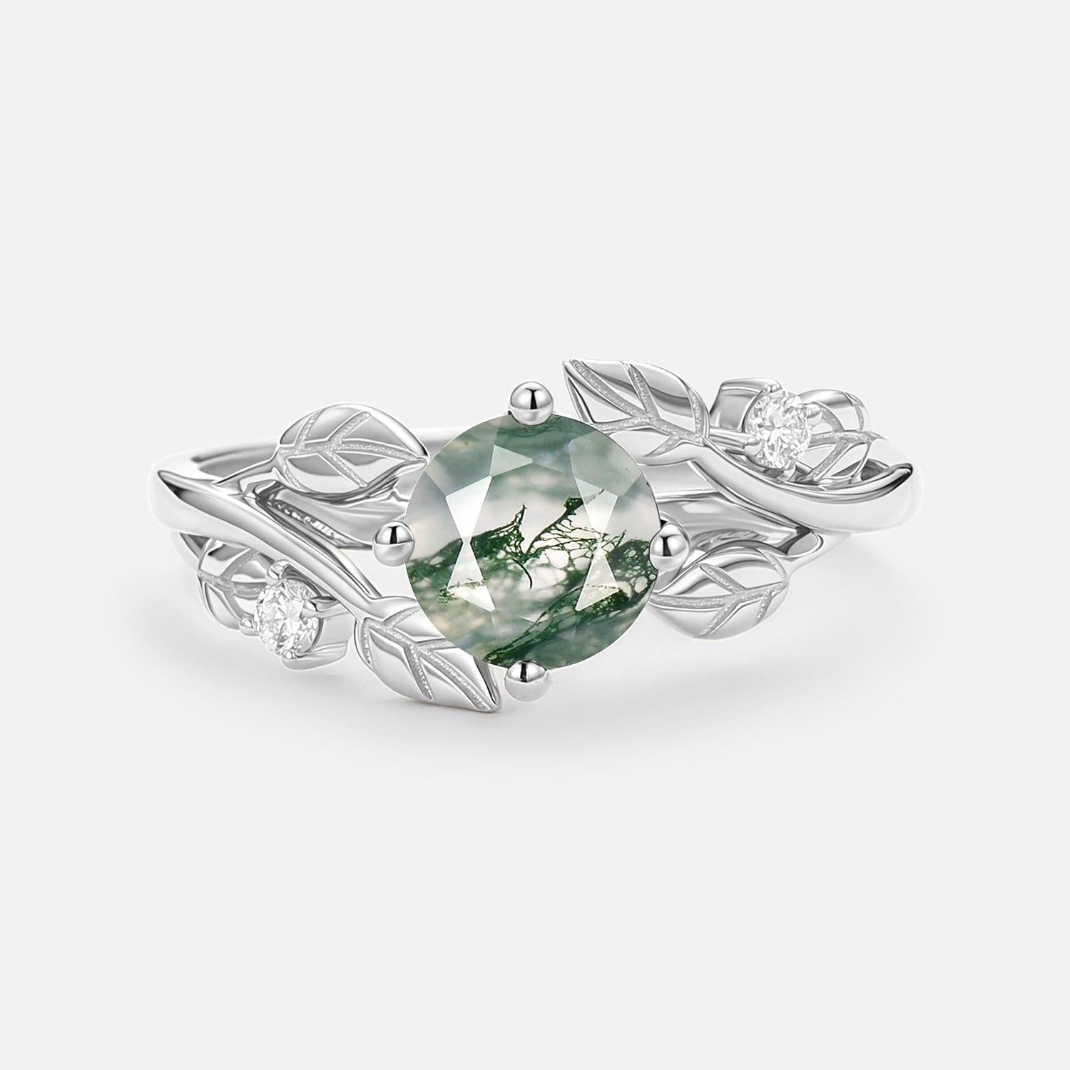 Gardenia Round Shaped Leaf Moss Agate Engagement Ring.