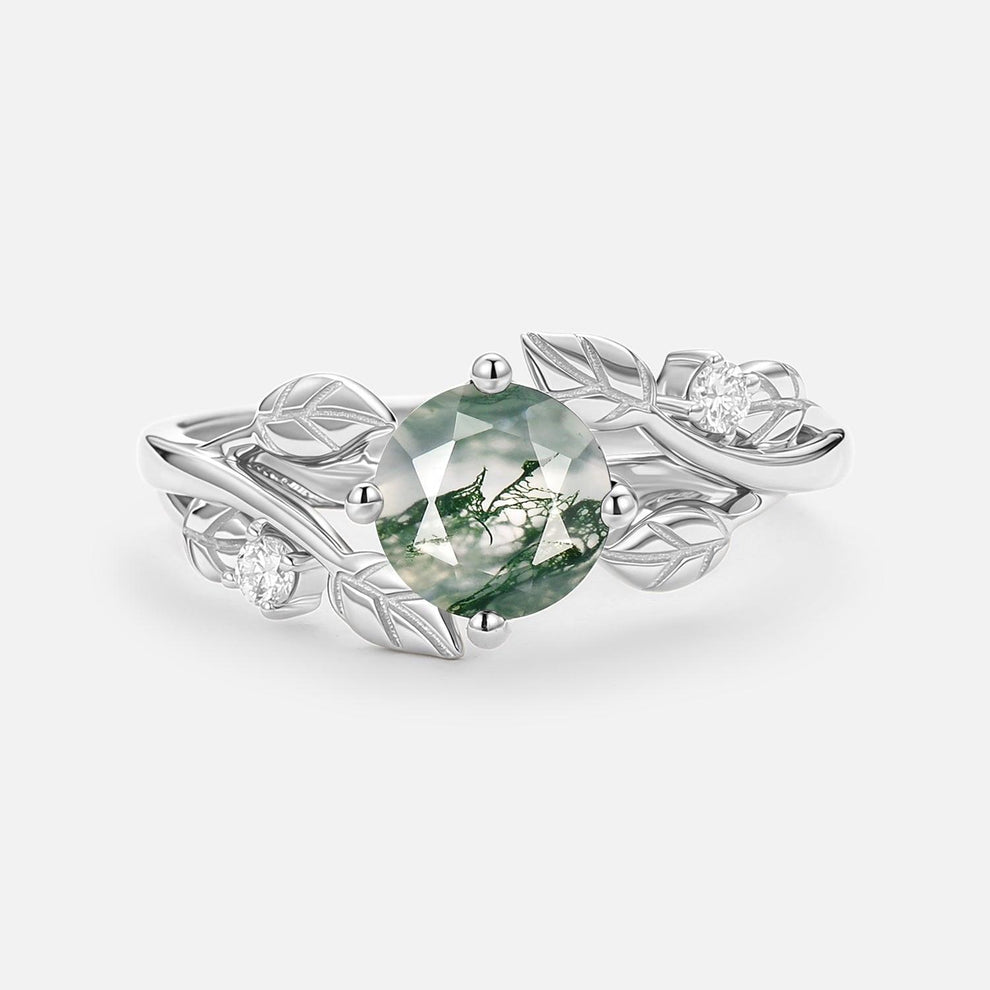 Gardenia Round Shaped Leaf Moss Agate Engagement Ring.