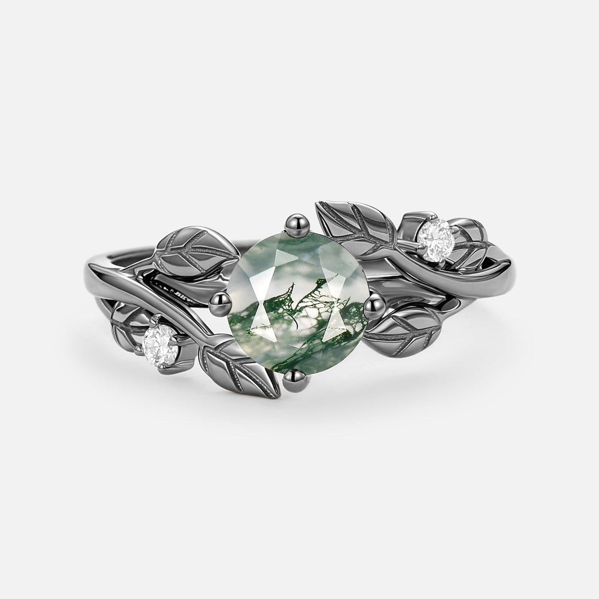 Gardenia Round Shaped Leaf Moss Agate Engagement Ring.