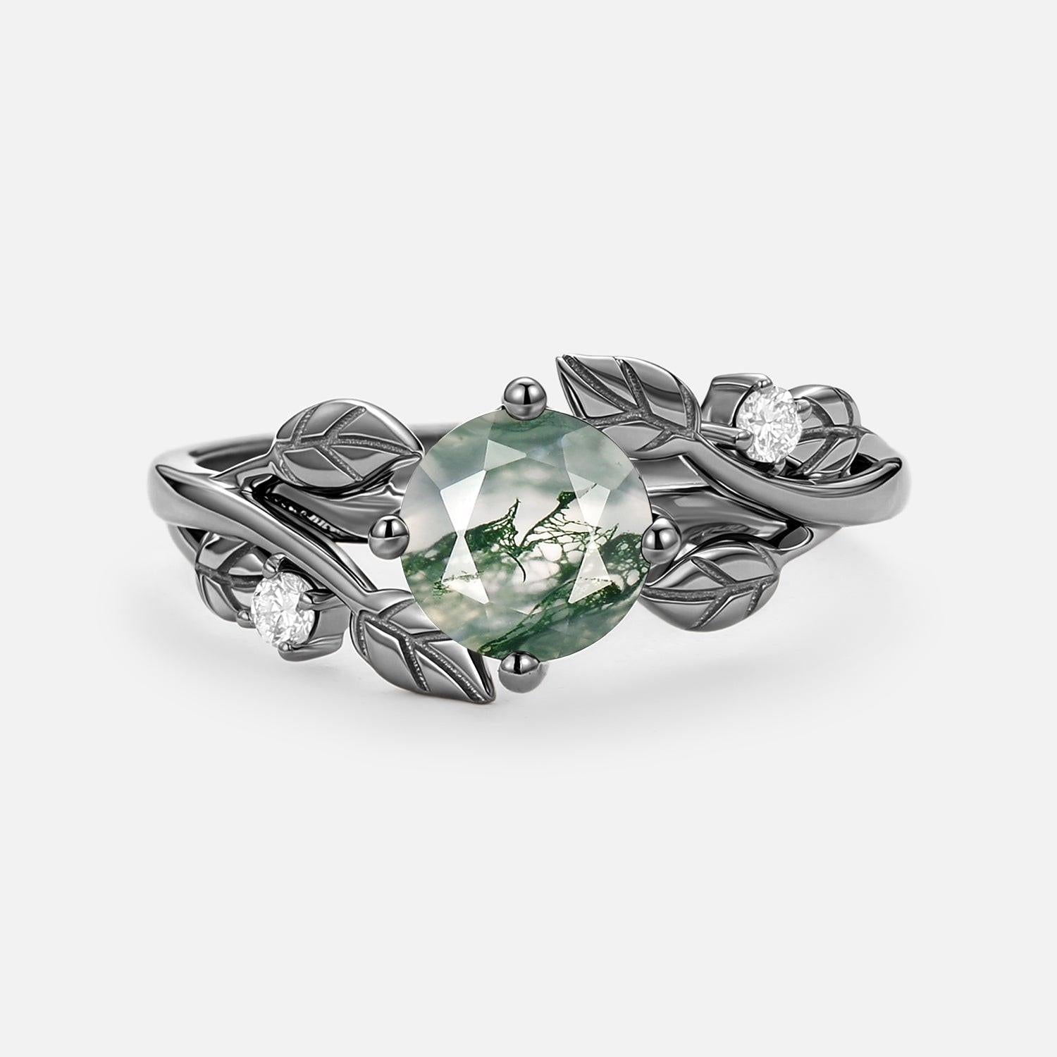 Gardenia Round Shaped Leaf Moss Agate Engagement Ring.