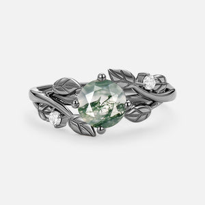 Gardenia Round Shaped Leaf Moss Agate Engagement Ring.