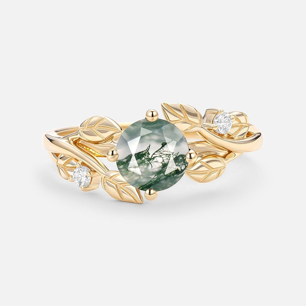 Gardenia Round Shaped Leaf Moss Agate Engagement Ring.