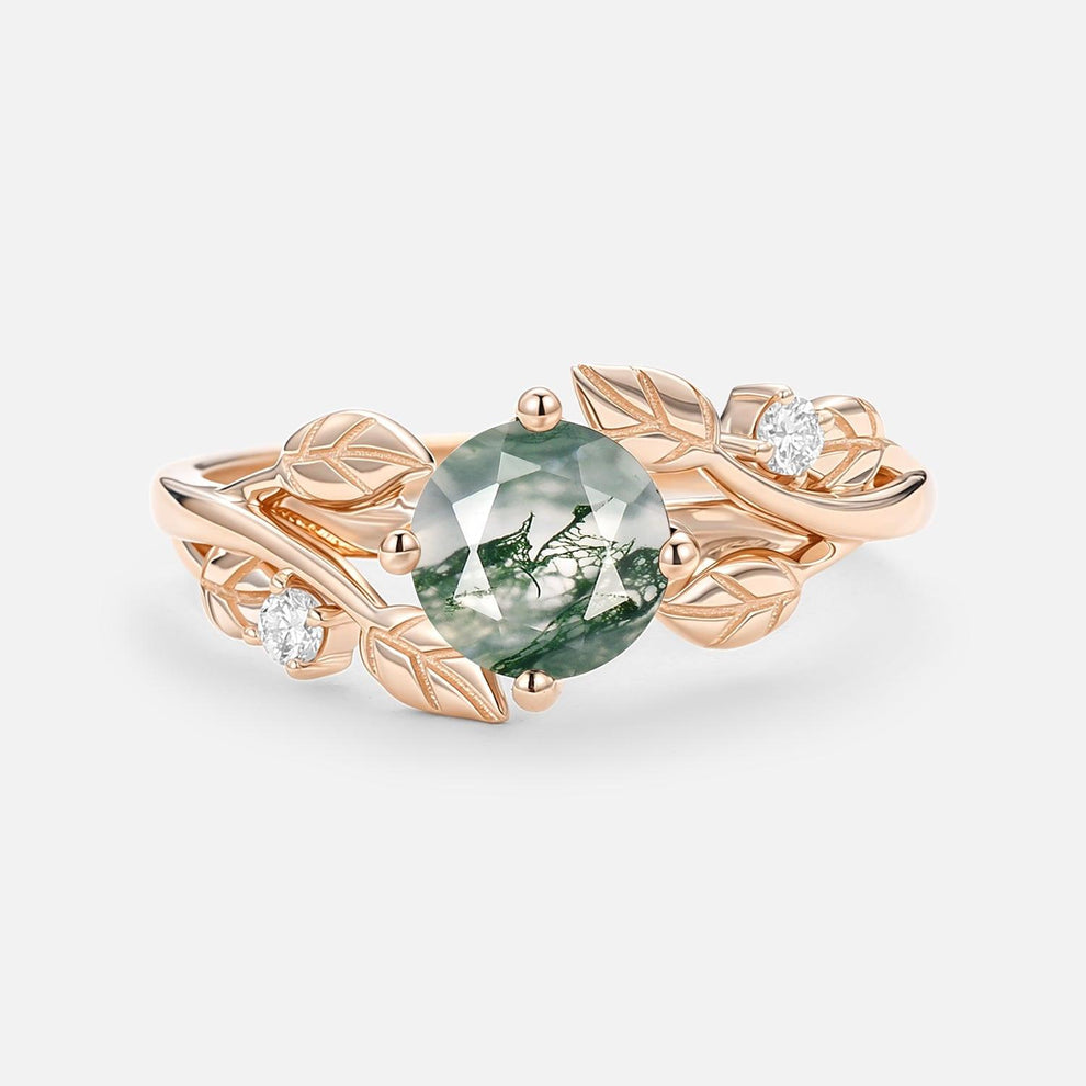 Gardenia Round Shaped Leaf Moss Agate Engagement Ring.