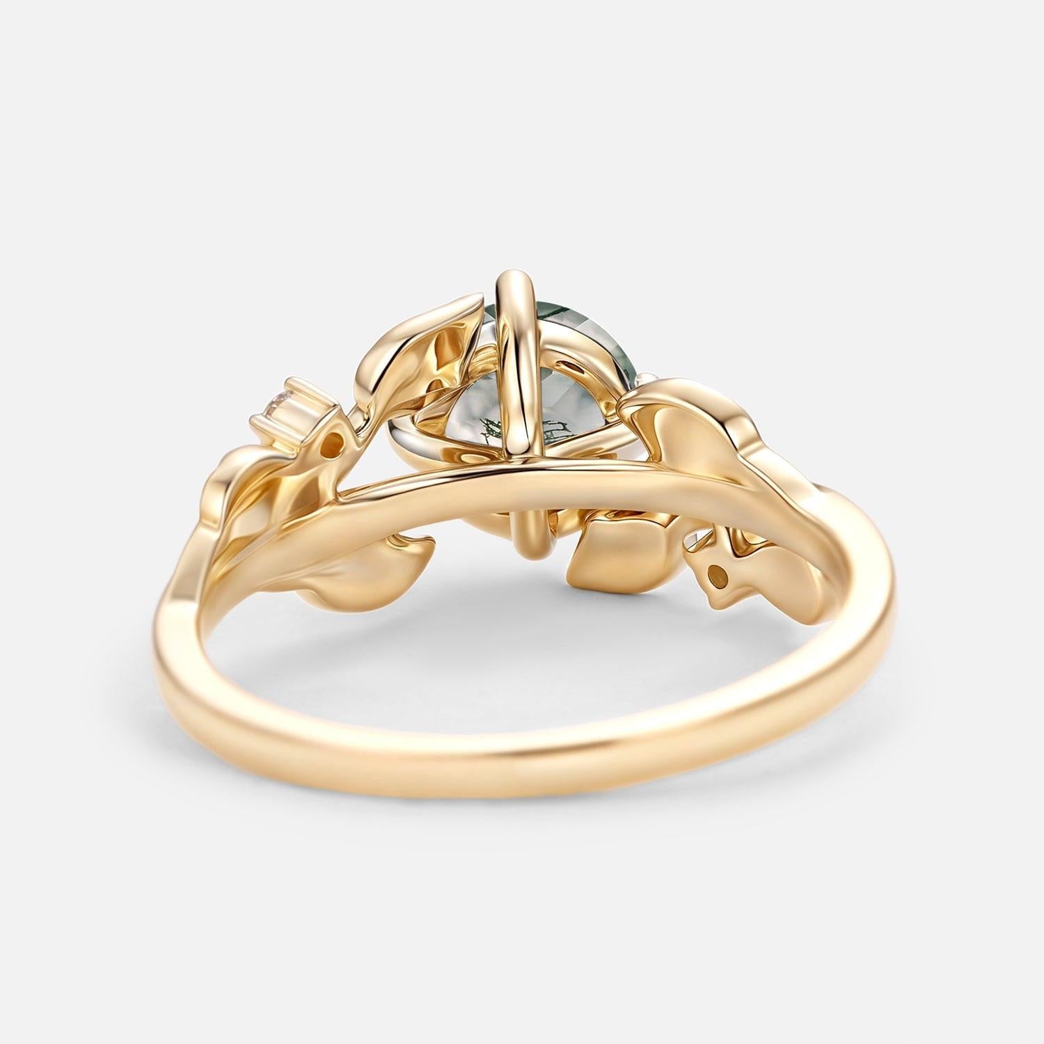 Gardenia Round Shaped Leaf Moss Agate Engagement Ring.