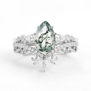 Signature Vintage Pear Moss Agate Staccato Ring Set 2pcs.