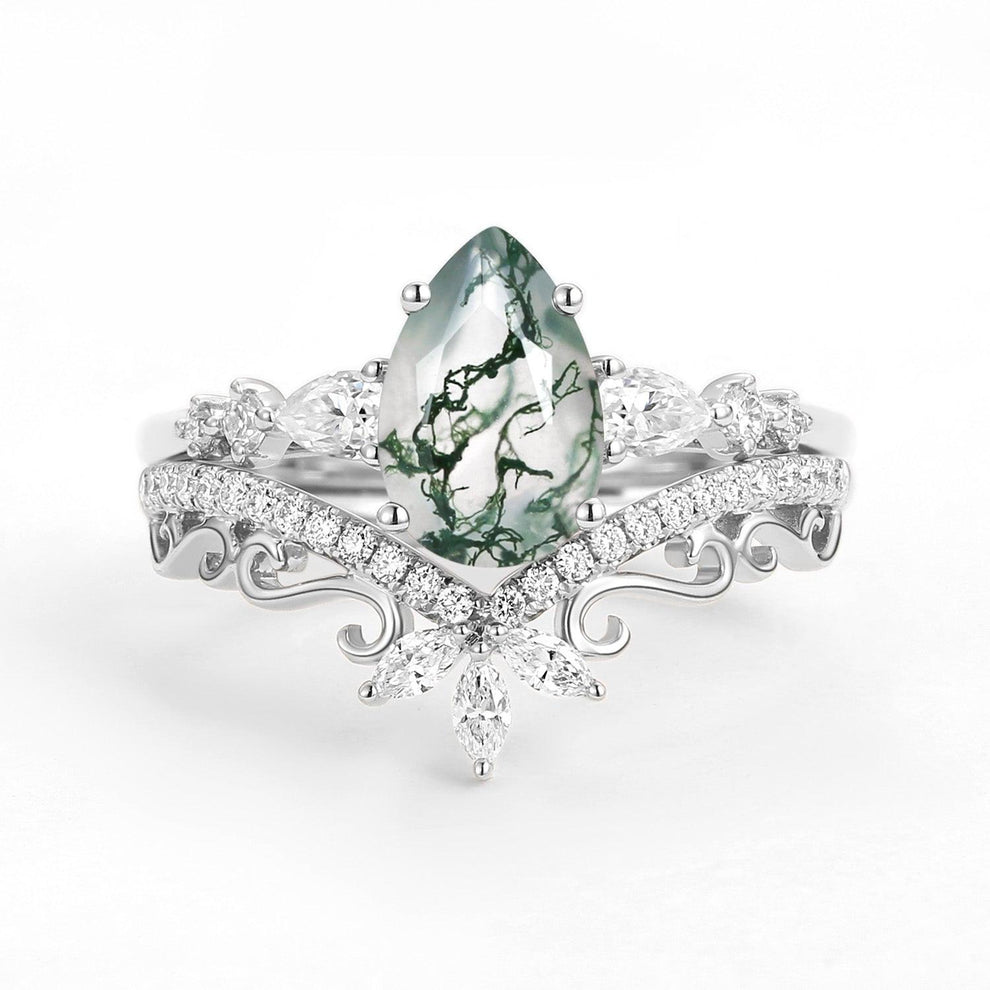 Signature Vintage Pear Moss Agate Staccato Ring Set 2pcs.