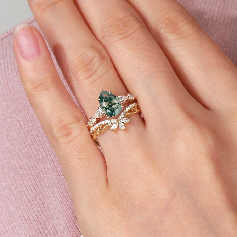 Signature Vintage Pear Moss Agate Staccato Ring Set 2pcs.