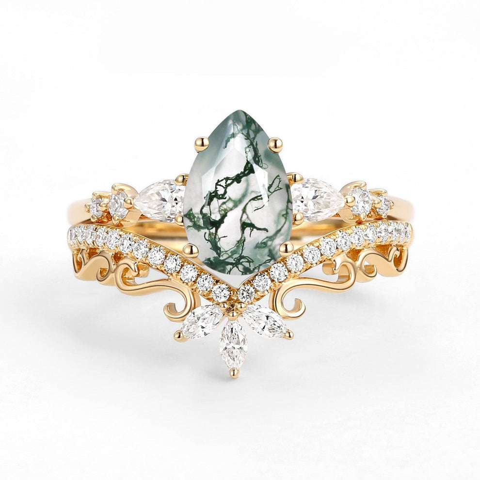 Signature Vintage Pear Moss Agate Staccato Ring Set 2pcs.