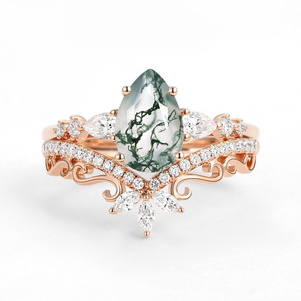 Signature Vintage Pear Moss Agate Staccato Ring Set 2pcs.