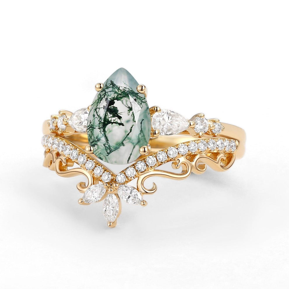 Signature Vintage Pear Moss Agate Staccato Ring Set 2pcs.