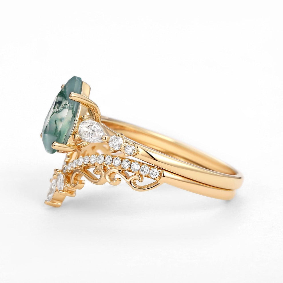 Signature Vintage Pear Moss Agate Staccato Ring Set 2pcs.