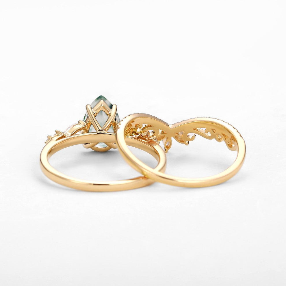 Signature Vintage Pear Moss Agate Staccato Ring Set 2pcs.