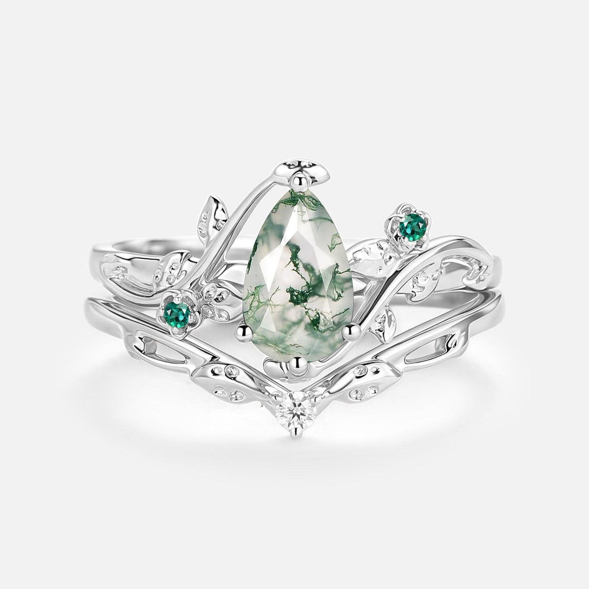 Floret Leafy & Floral Pear Shaped Moss Agate Engagement Ring Sets 2pcs.