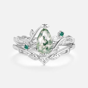 Floret Leafy & Floral Pear Shaped Moss Agate Engagement Ring Sets 2pcs.