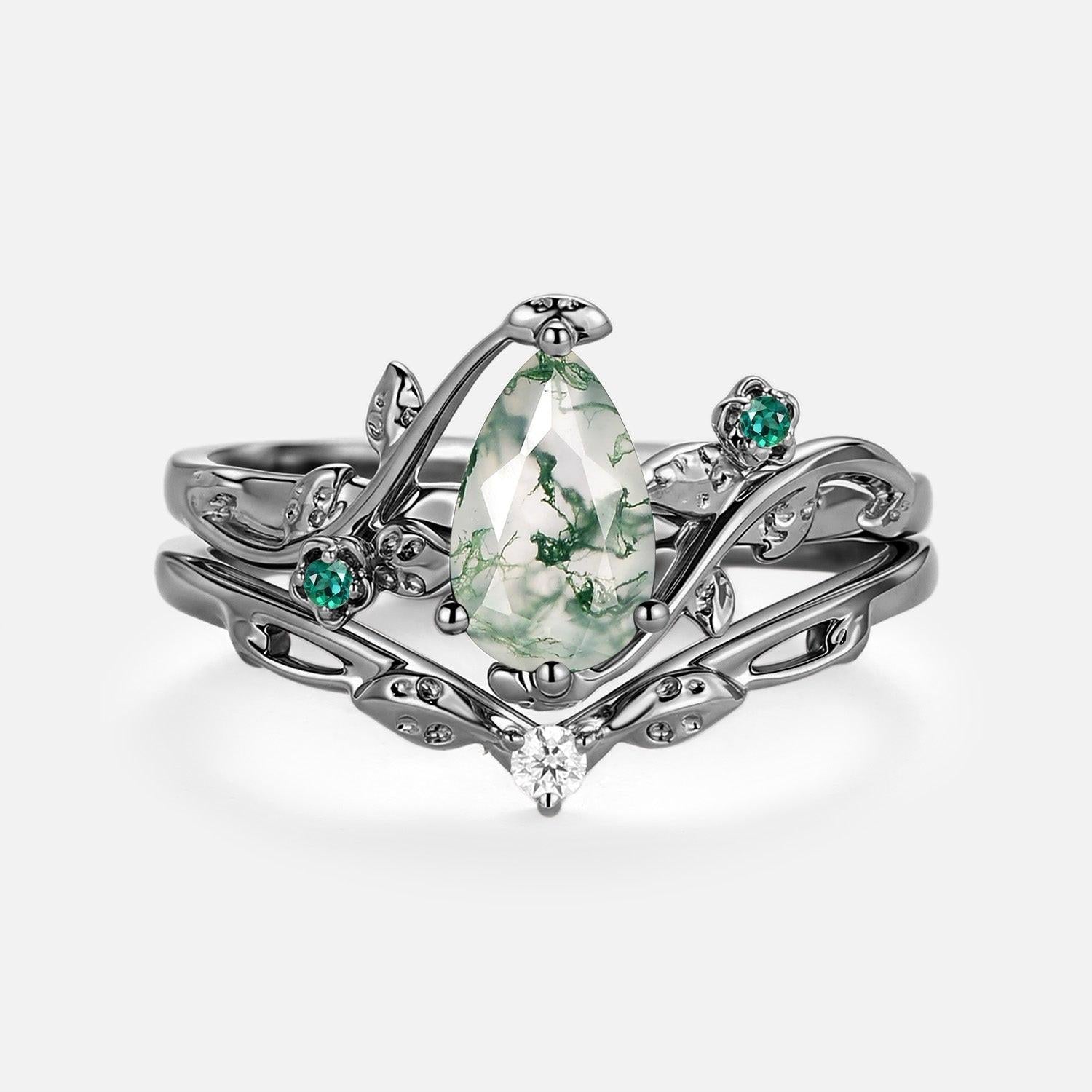 Floret Leafy & Floral Pear Shaped Moss Agate Engagement Ring Sets 2pcs.