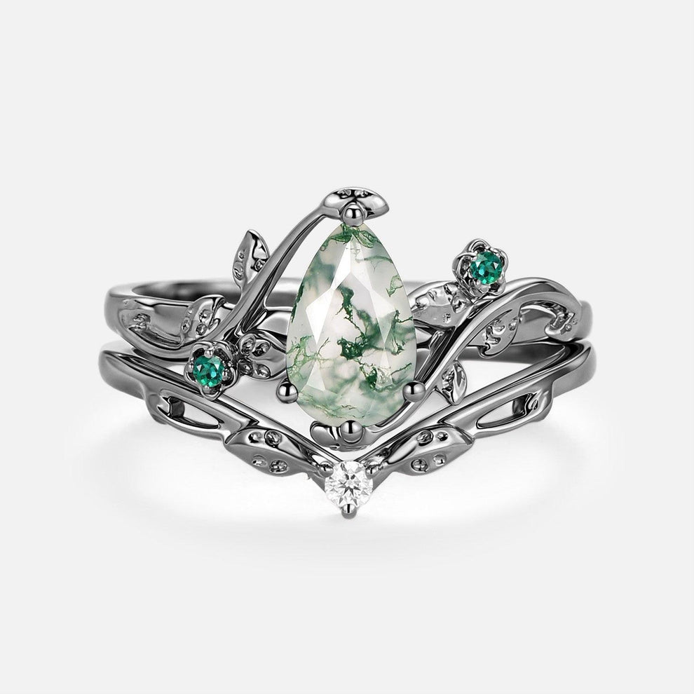 Floret Leafy & Floral Pear Shaped Moss Agate Engagement Ring Sets 2pcs.