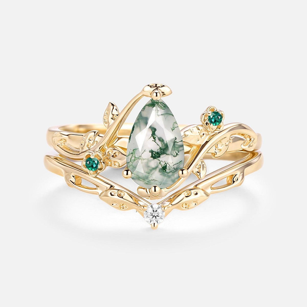 Floret Leafy & Floral Pear Shaped Moss Agate Engagement Ring Sets 2pcs.