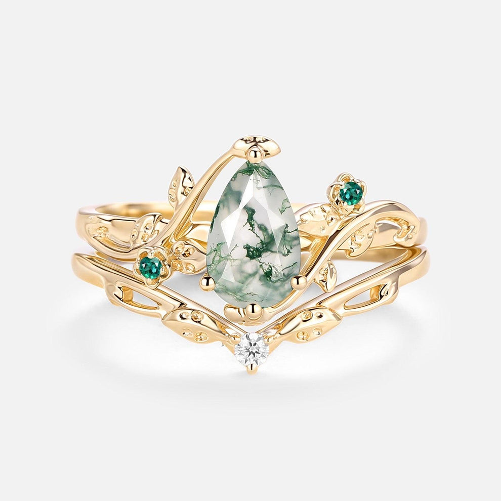 Floret Leafy & Floral Pear Shaped Moss Agate Engagement Ring Sets 2pcs.