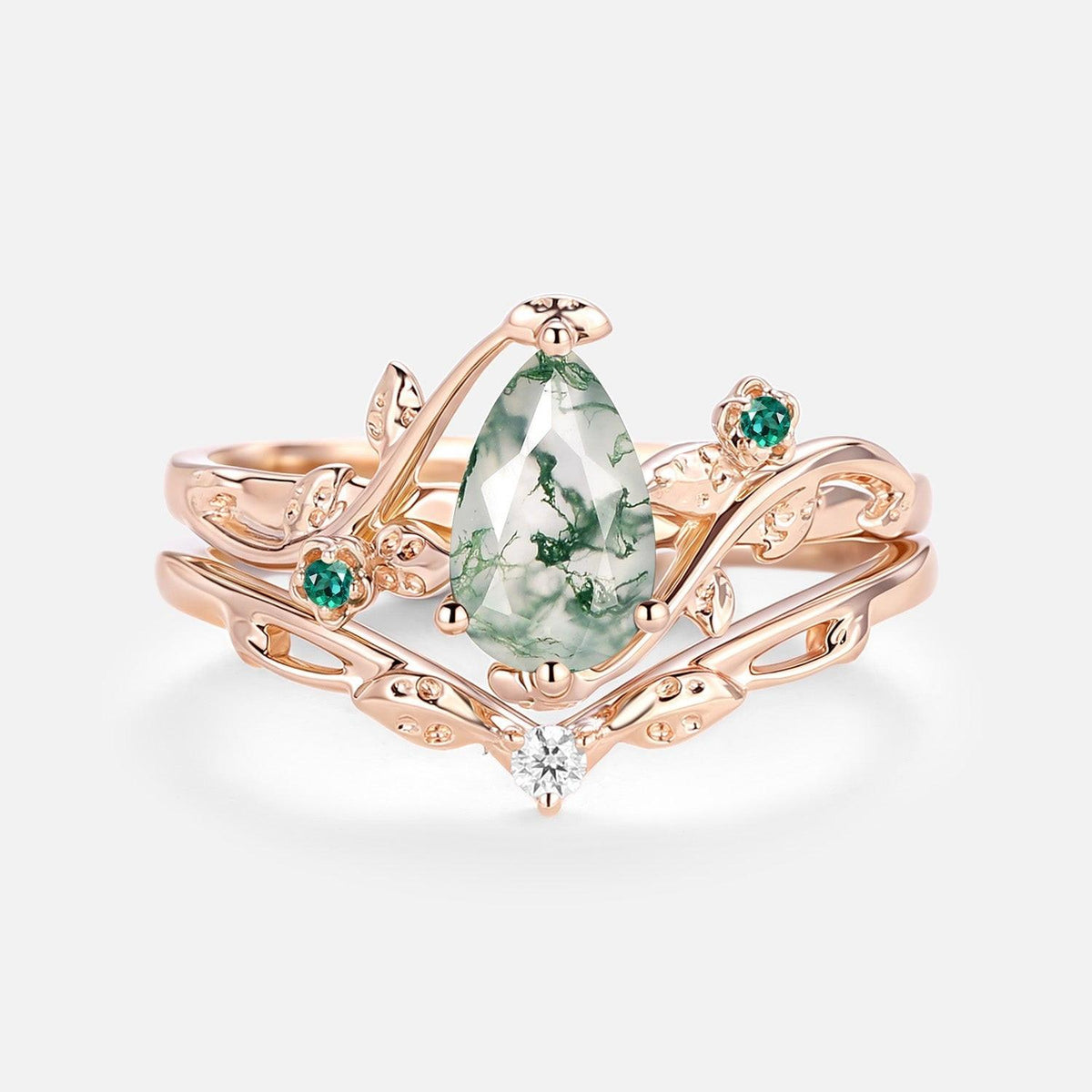 Floret Leafy & Floral Pear Shaped Moss Agate Engagement Ring Sets 2pcs.