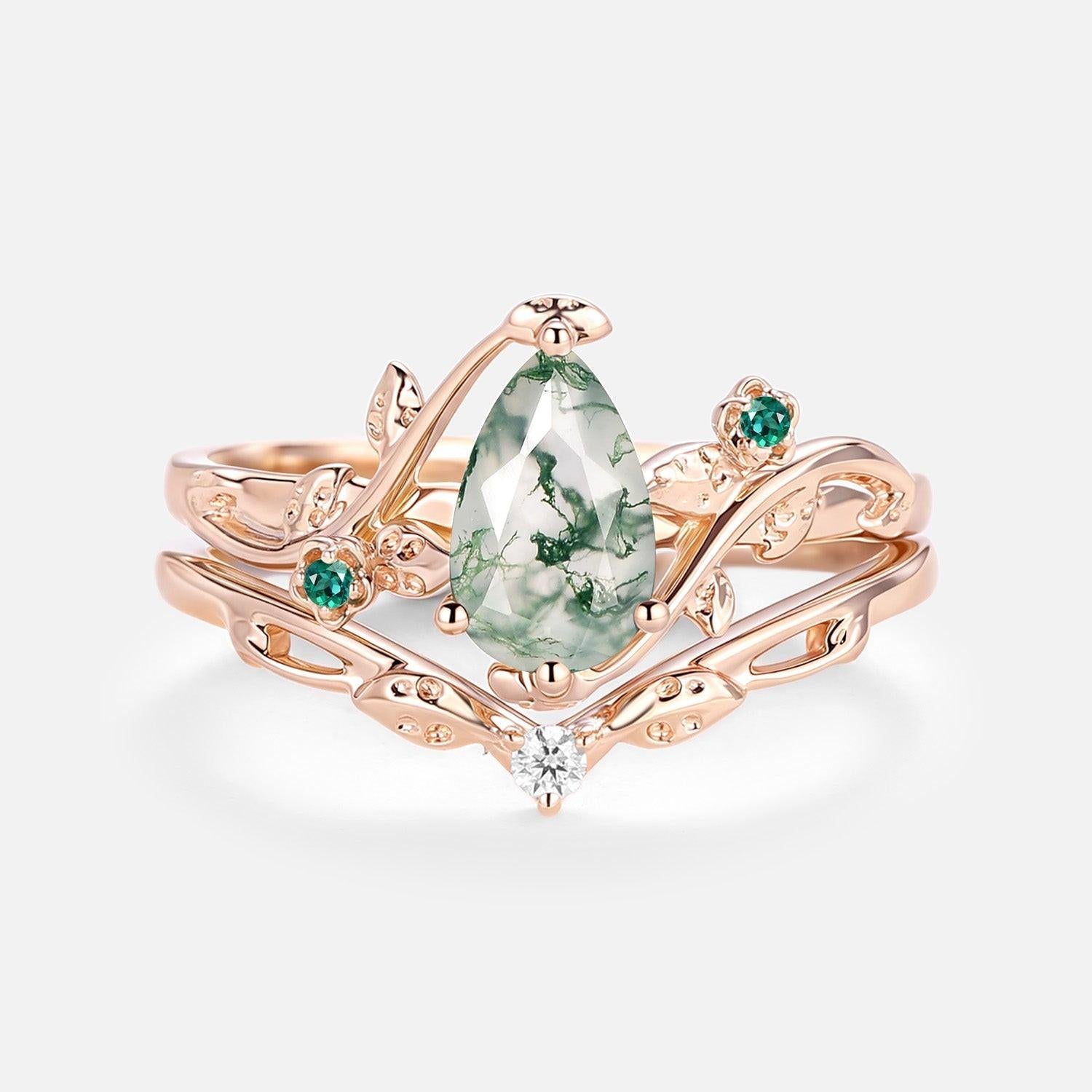 Floret Leafy & Floral Pear Shaped Moss Agate Engagement Ring Sets 2pcs.