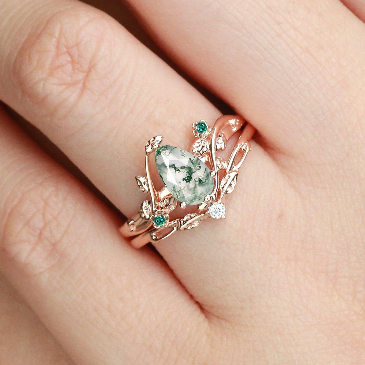 Floret Leafy & Floral Pear Shaped Moss Agate Engagement Ring Sets 2pcs.