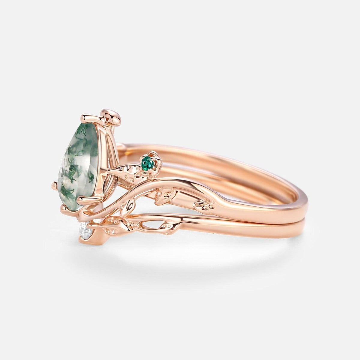 Floret Leafy & Floral Pear Shaped Moss Agate Engagement Ring Sets 2pcs.
