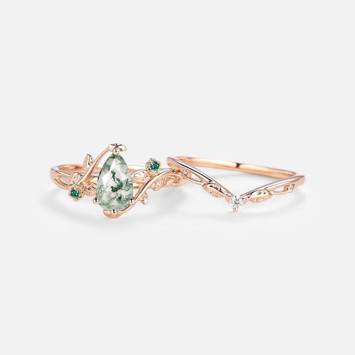 Floret Leafy & Floral Pear Shaped Moss Agate Engagement Ring Sets 2pcs.