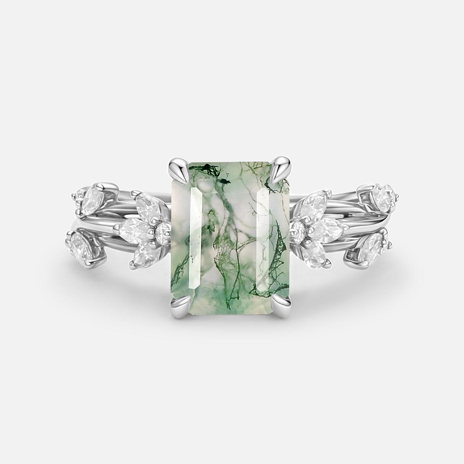 Nature Inspired Emerald Cut Moss Agate Engagement Ring.