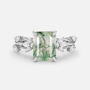 Nature Inspired Emerald Cut Moss Agate Engagement Ring.