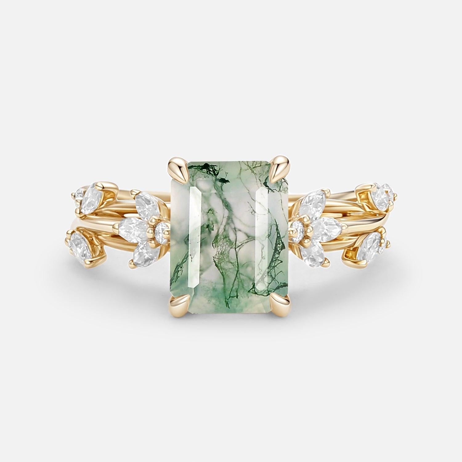 Nature Inspired Emerald Cut Moss Agate Engagement Ring.
