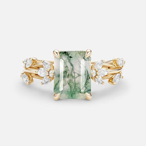 Nature Inspired Emerald Cut Moss Agate Engagement Ring.