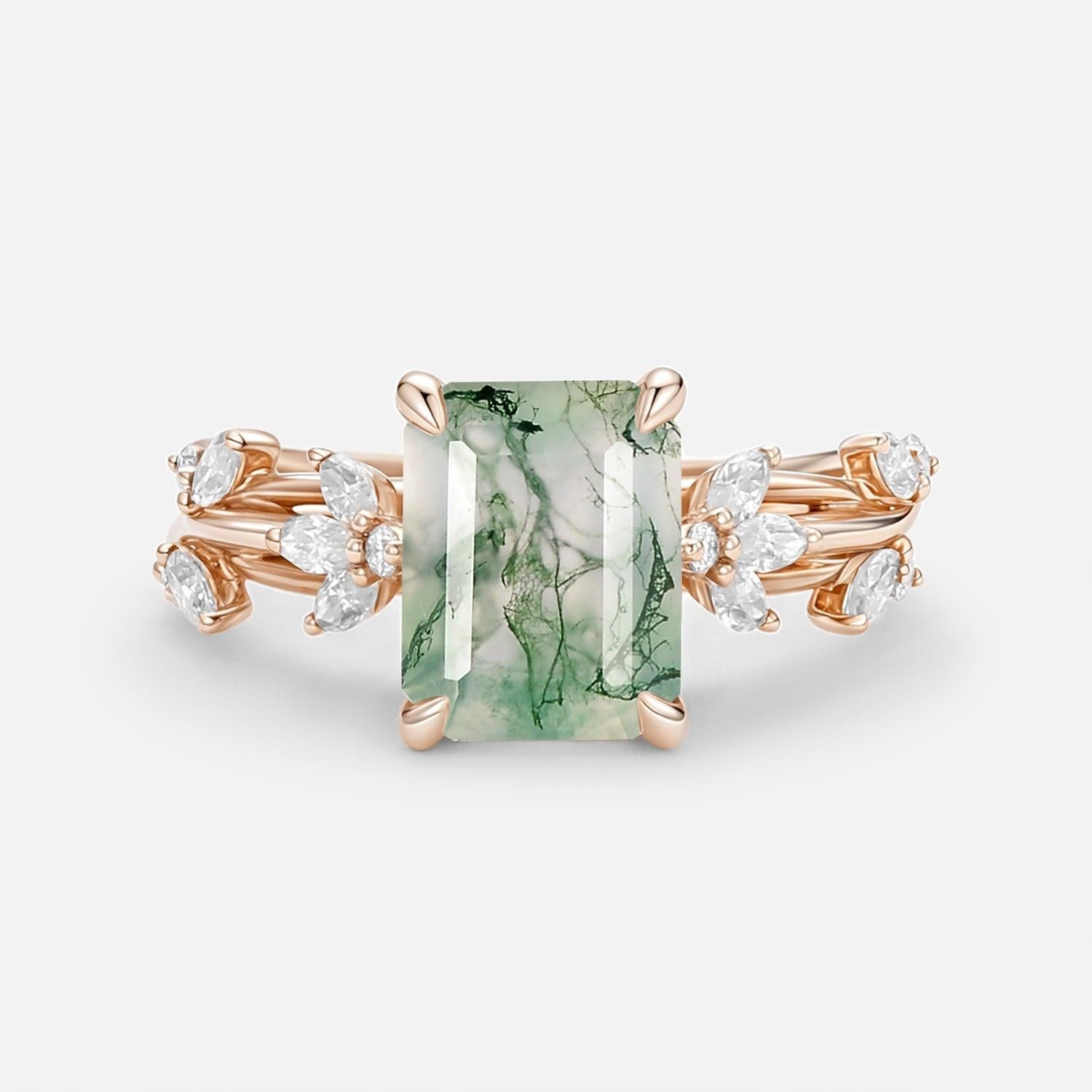Nature Inspired Emerald Cut Moss Agate Engagement Ring.