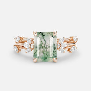 Nature Inspired Emerald Cut Moss Agate Engagement Ring.