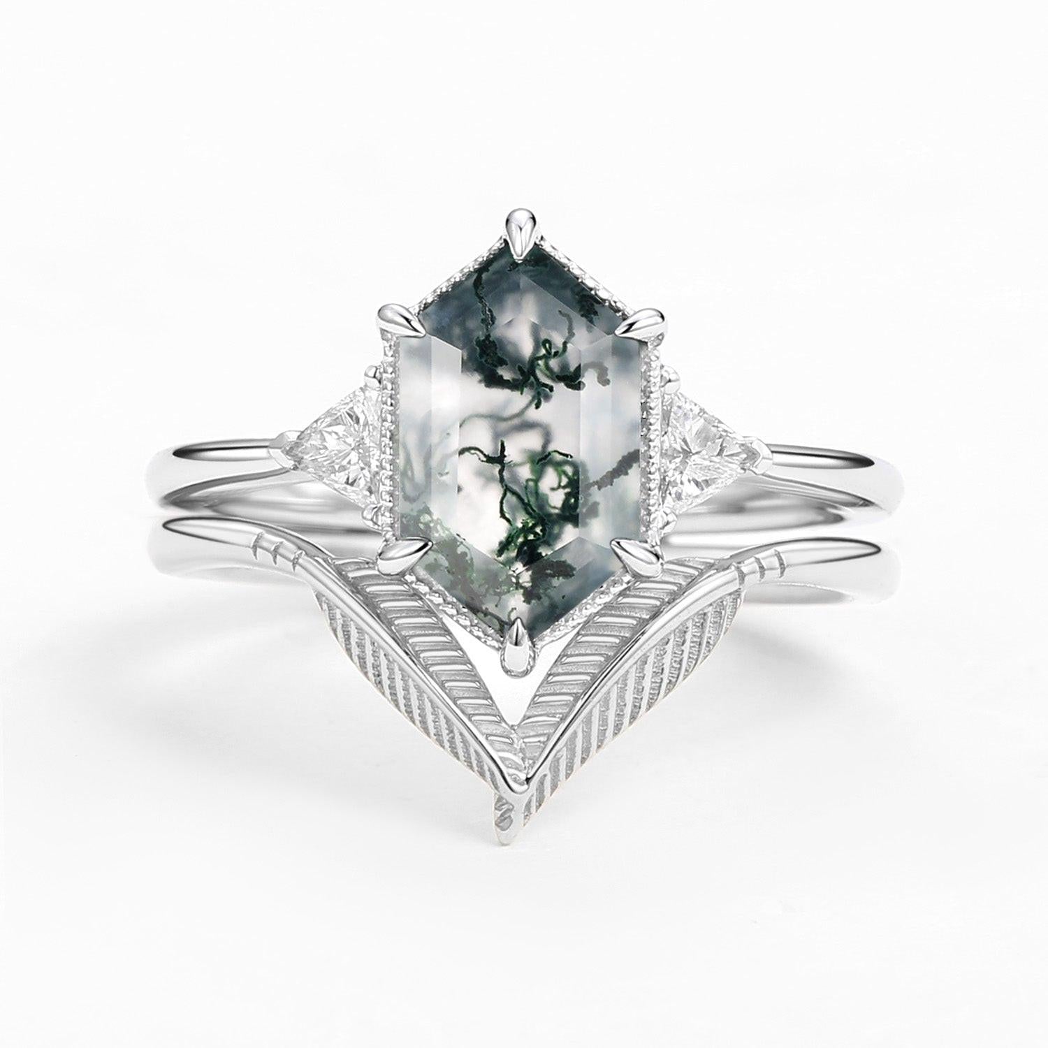 Ariel Long Hexagon Big Moss Agate Coconut Tree Leafy Ring Set 2pcs.