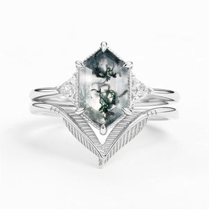 Ariel Long Hexagon Big Moss Agate Coconut Tree Leafy Ring Set 2pcs.