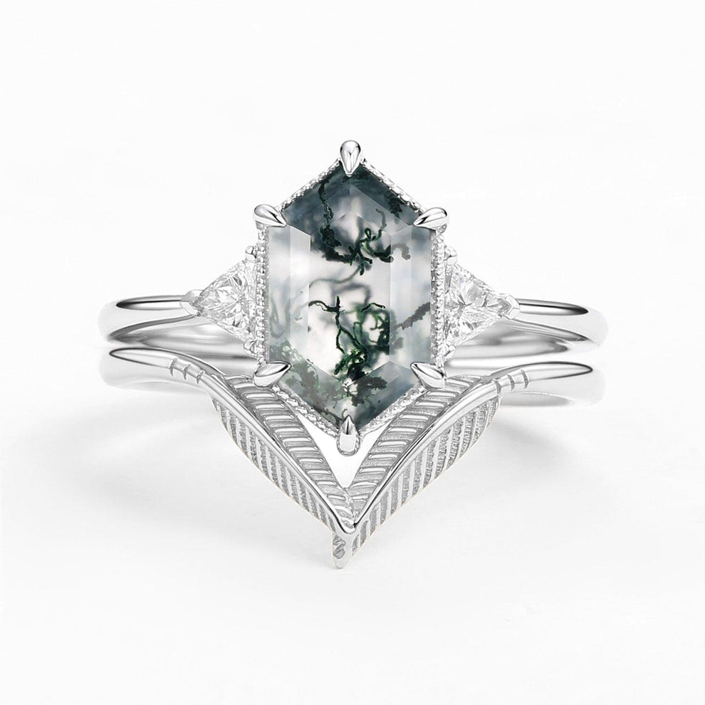 Ariel Long Hexagon Big Moss Agate Coconut Tree Leafy Ring Set 2pcs.
