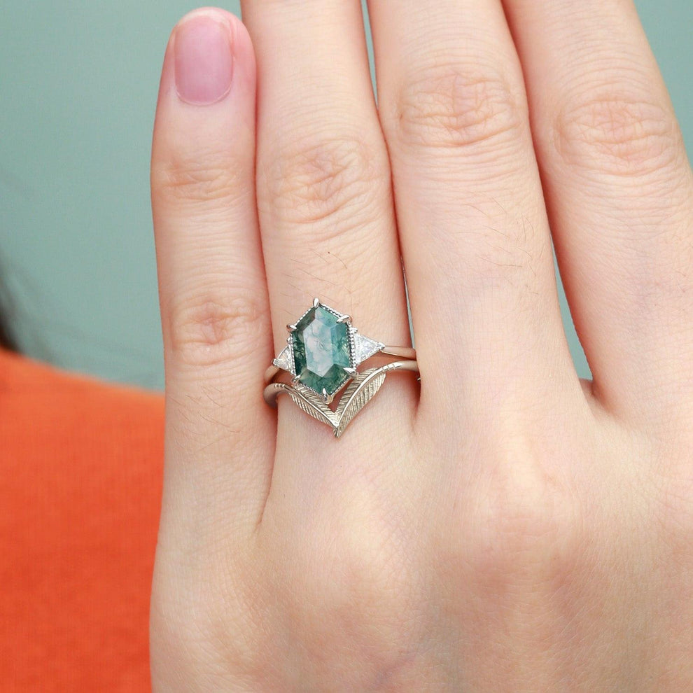 Ariel Long Hexagon Big Moss Agate Coconut Tree Leafy Ring Set 2pcs.