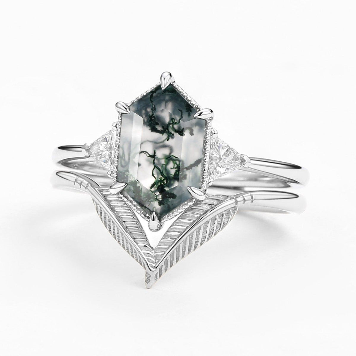Ariel Long Hexagon Big Moss Agate Coconut Tree Leafy Ring Set 2pcs.
