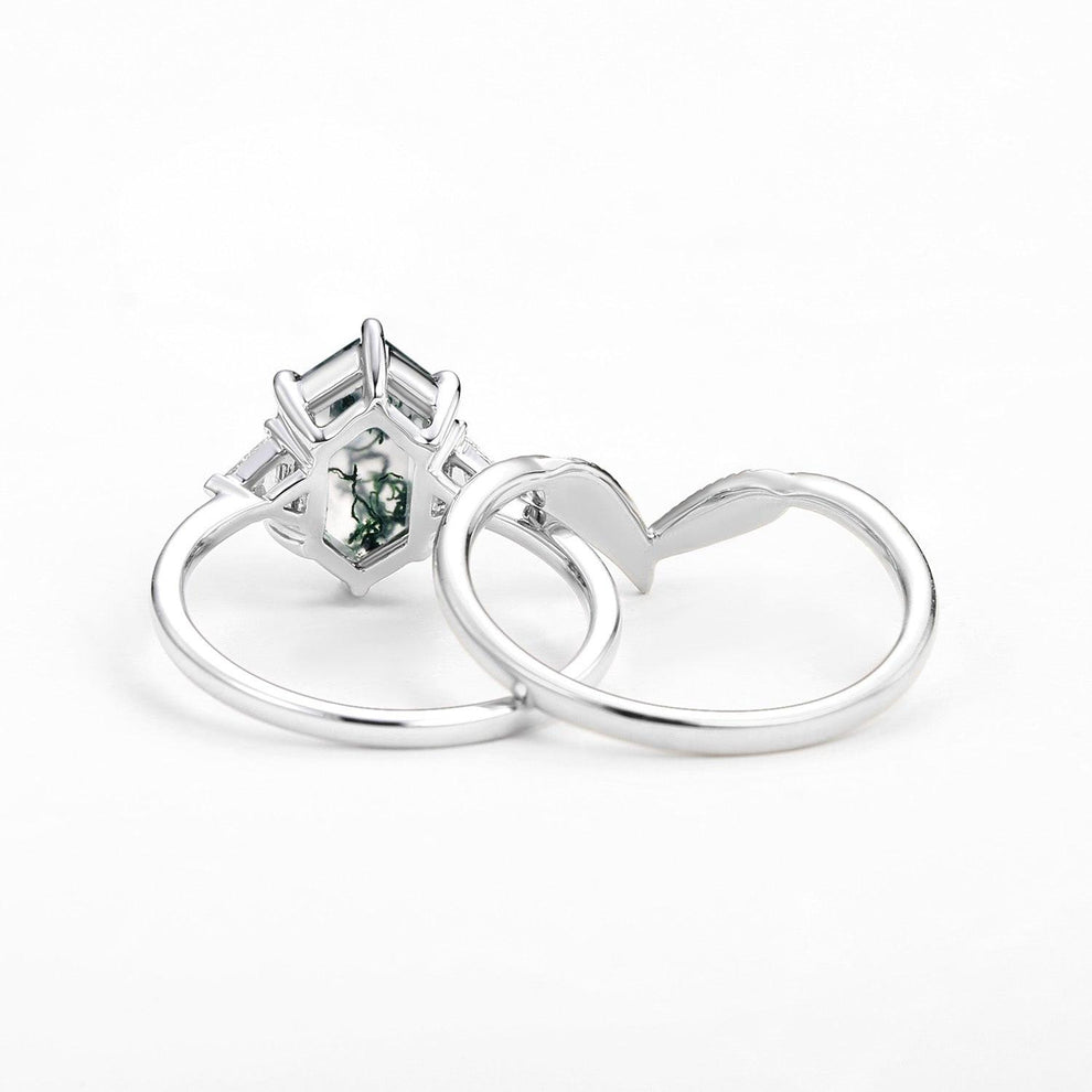 Ariel Long Hexagon Big Moss Agate Coconut Tree Leafy Ring Set 2pcs.