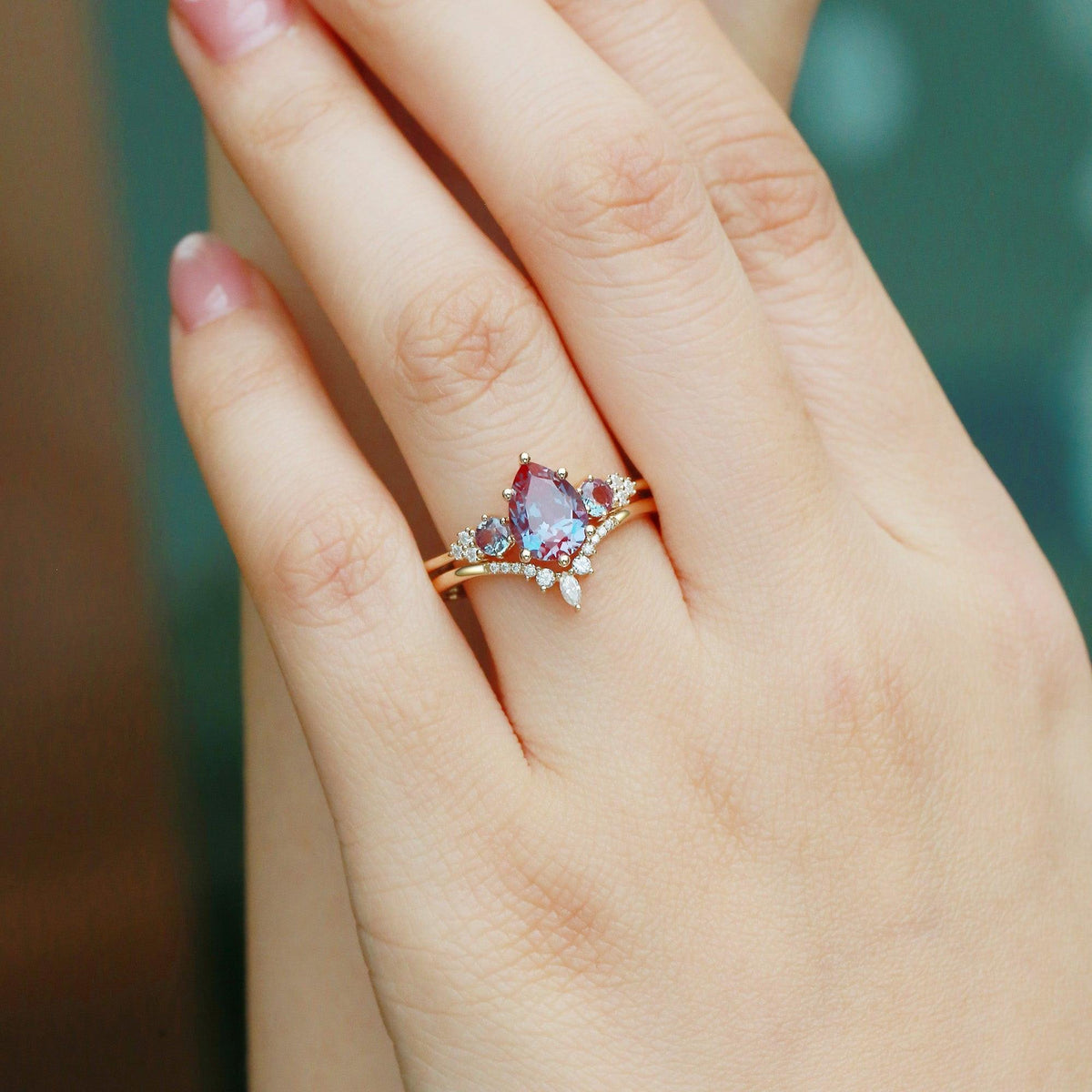 Sylvie’s Frond | Pear Alexandrite Cluster Bridal Set 2pcs.