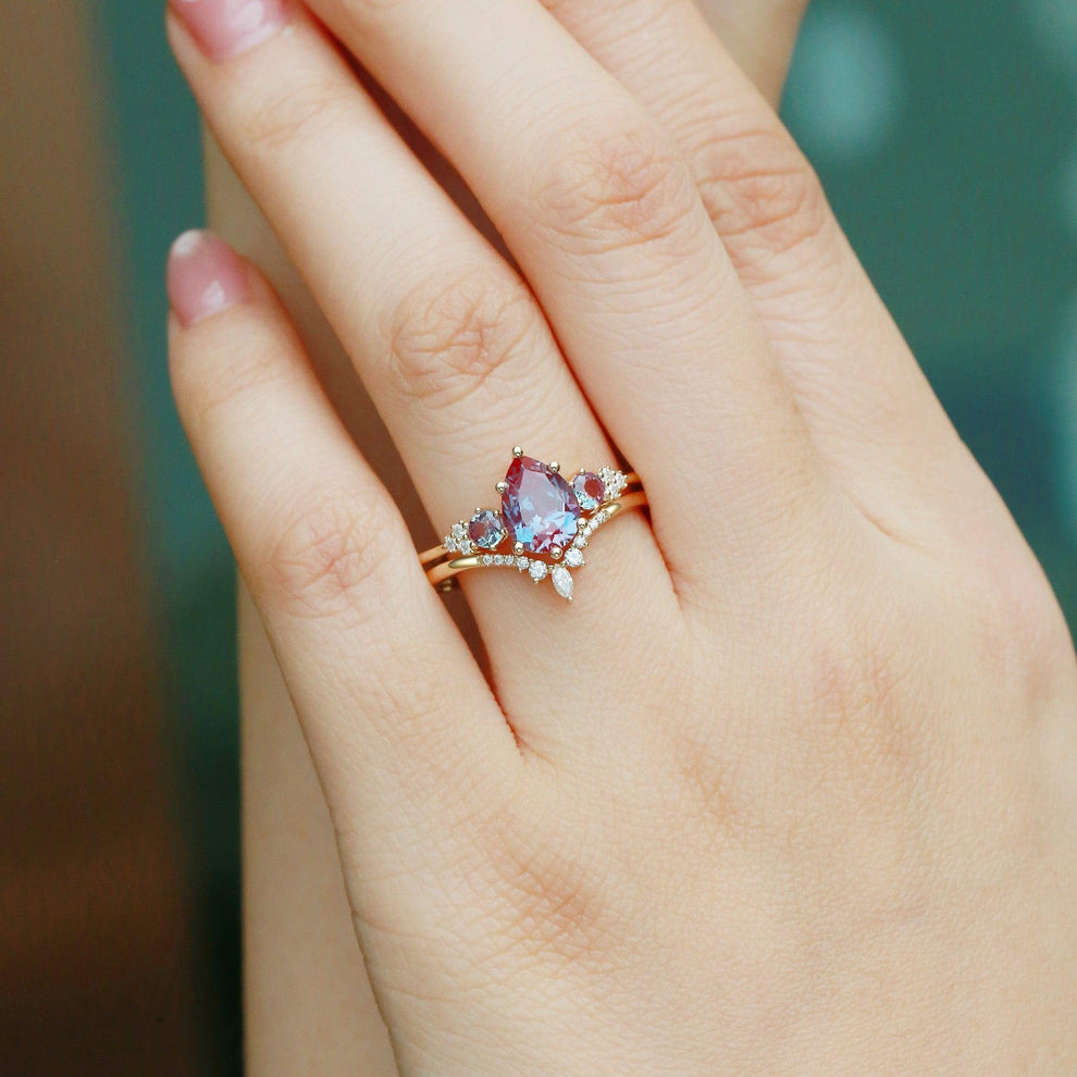 Sylvie’s Frond | Pear Alexandrite Cluster Bridal Set 2pcs.