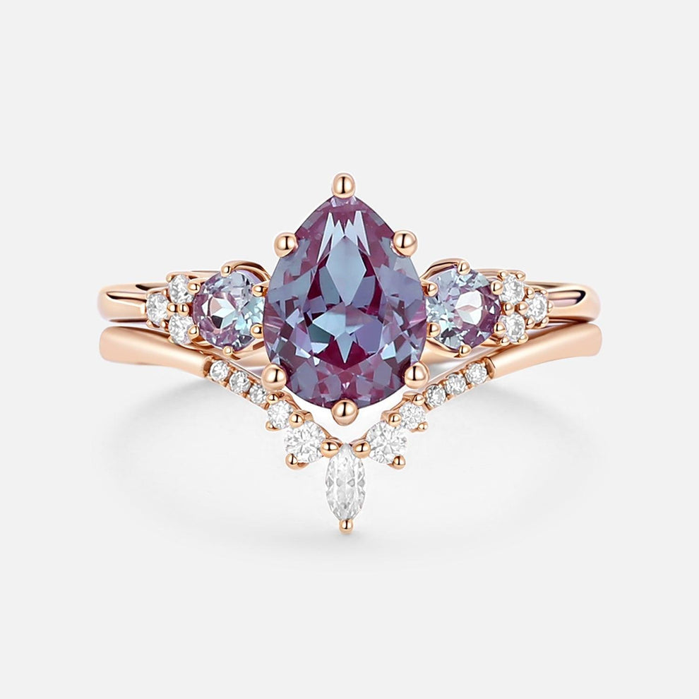 Sylvie’s Frond | Pear Alexandrite Cluster Bridal Set 2pcs.