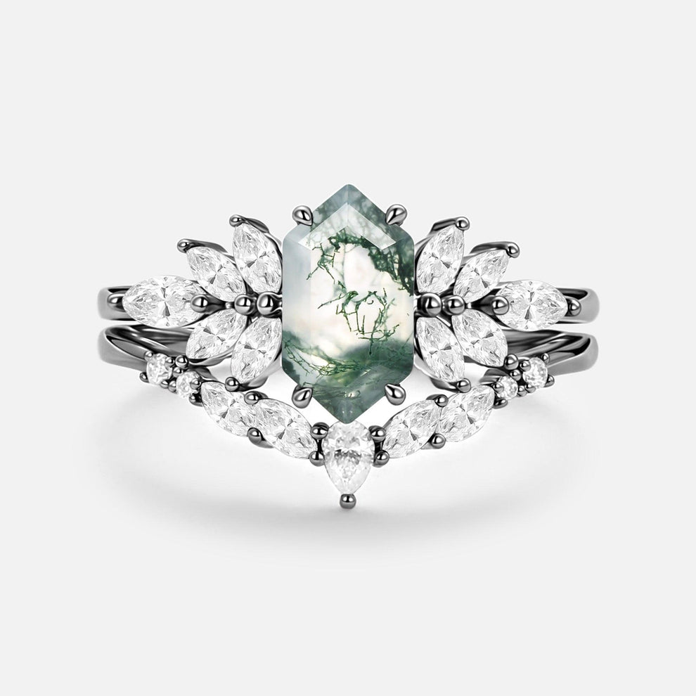 Meadow Hexagon Cut Moss Agate Vintage Ring Set 2pcs.
