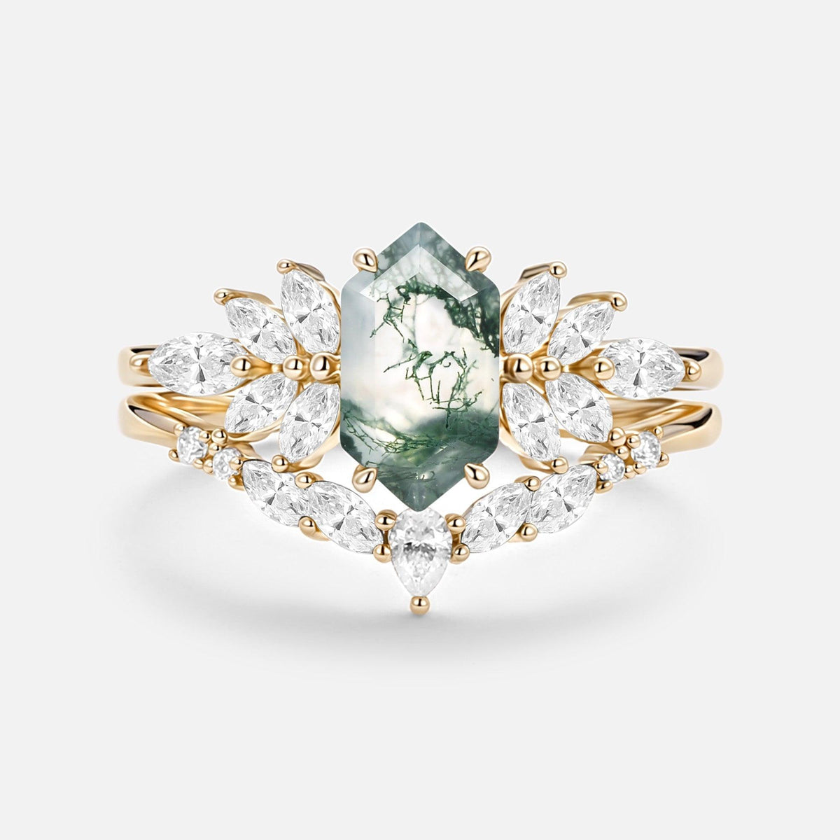 Meadow Hexagon Cut Moss Agate Vintage Ring Set 2pcs.