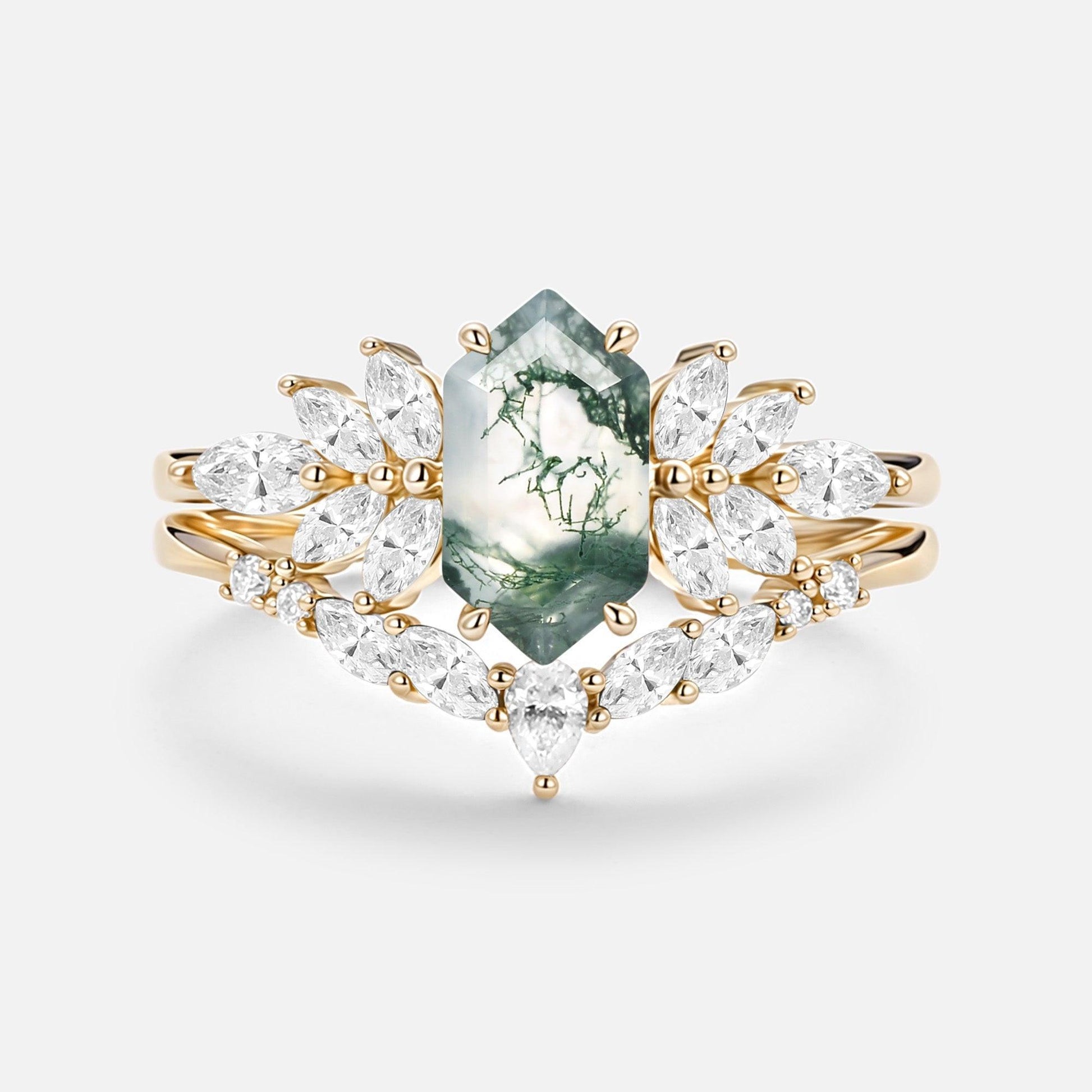 Meadow Hexagon Cut Moss Agate Vintage Ring Set 2pcs.