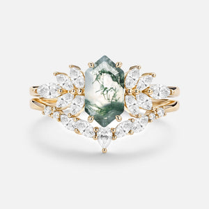 Meadow Hexagon Cut Moss Agate Vintage Ring Set 2pcs.